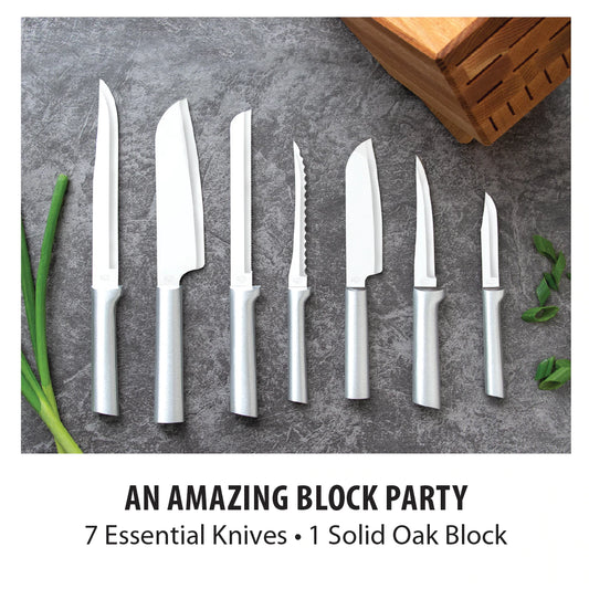 Essential Oak Block Knife Set PLUS Free Sharpener